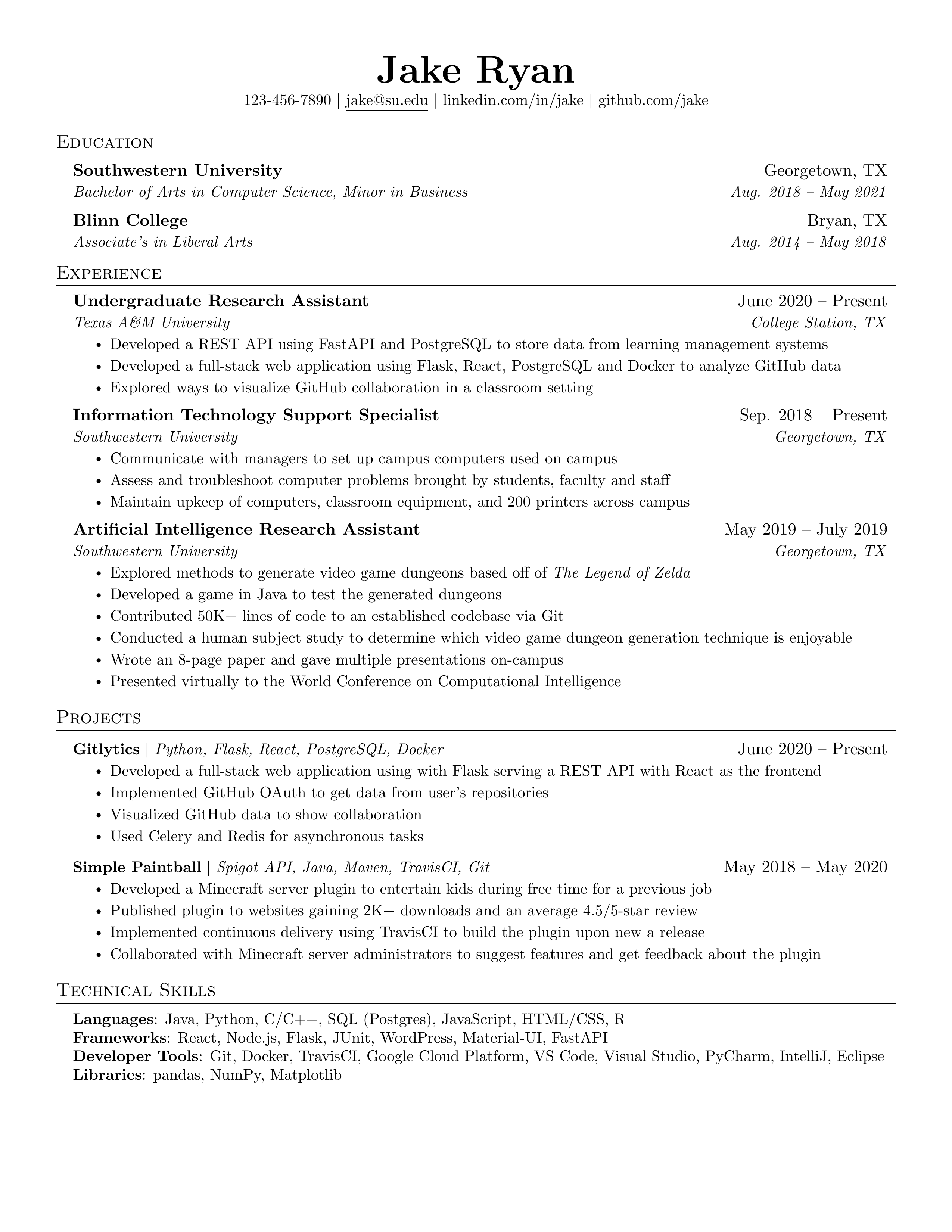 Jake's Resume LaTeX template preview