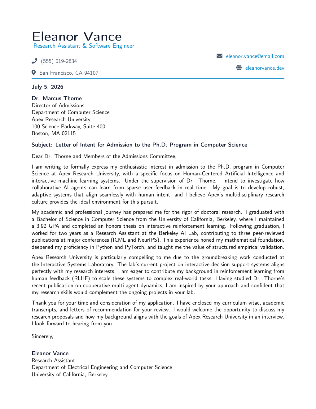 Letter of Intent LaTeX template preview