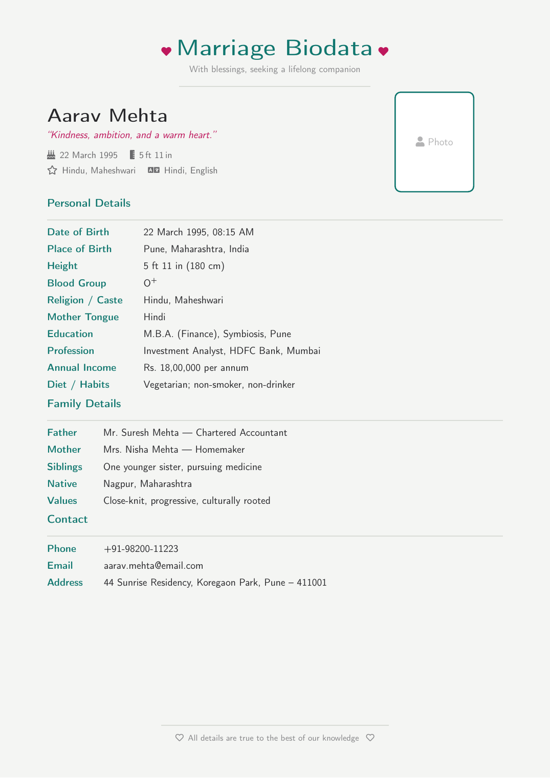 Modern Marriage Biodata LaTeX template preview