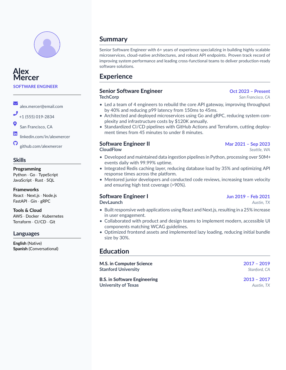 Two-Column Resume LaTeX template preview